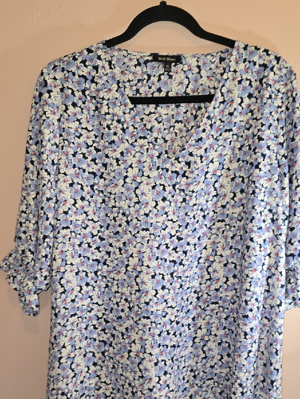 Well Worn Blue Floral V-Neck Tunic with White and Pink Accents